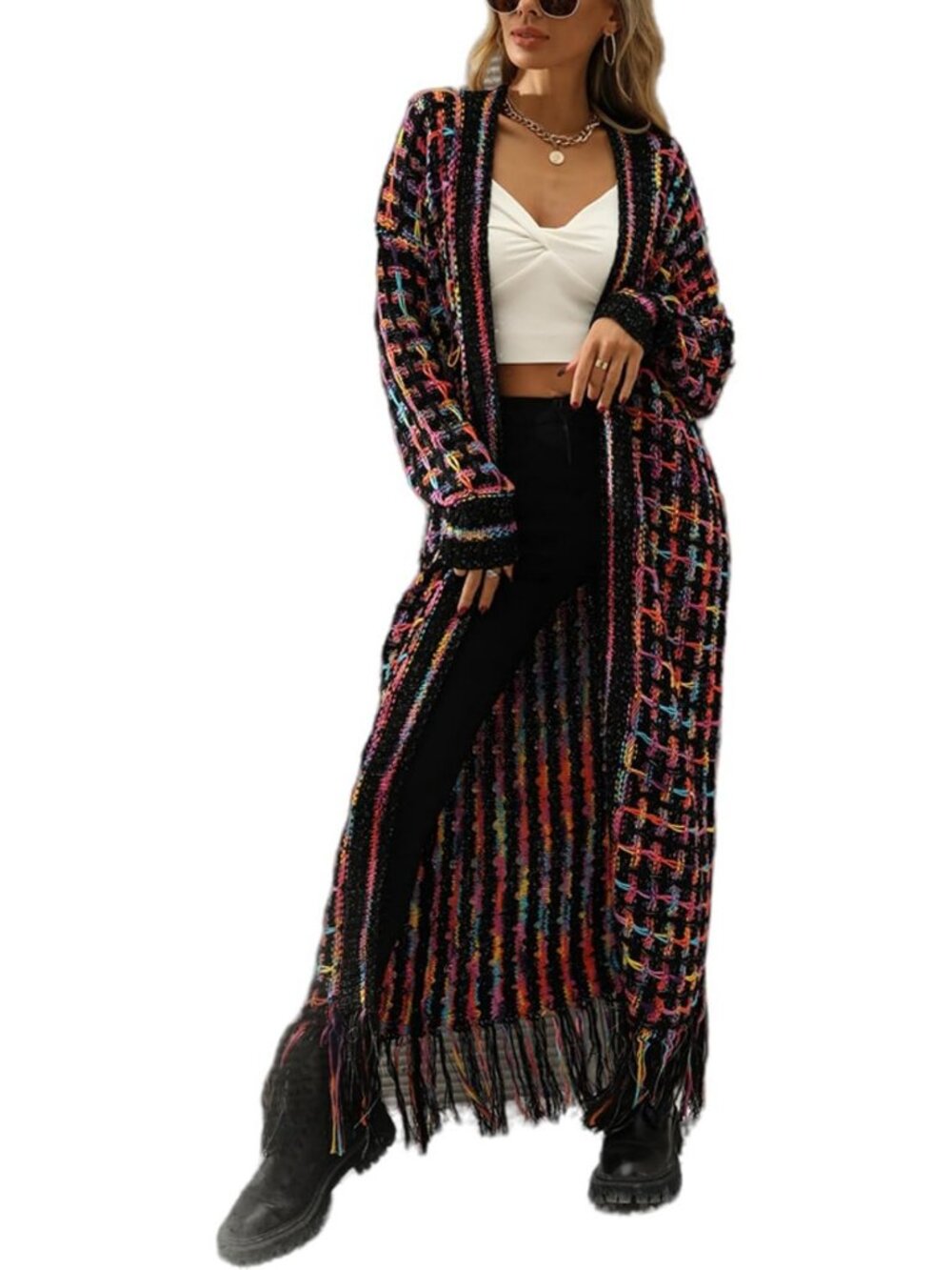 Boho Open Front Maxi Cardigan with Fringed Tassels & Aztec Print for Women